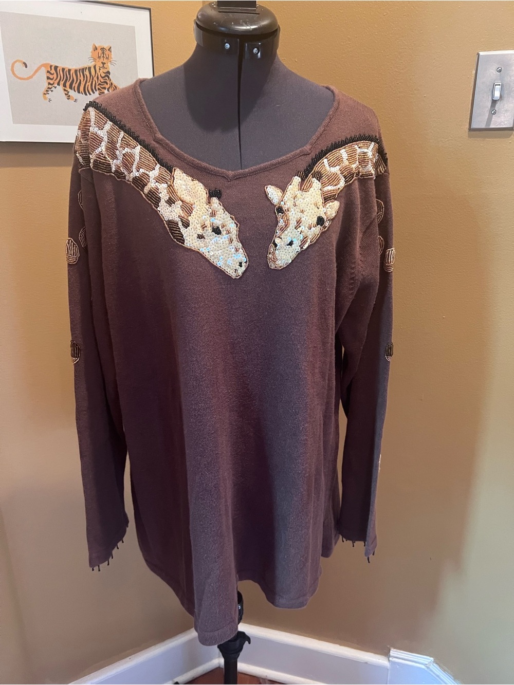 Storybook Knits Brown Giraffe Applique V‑Neck Sweatshirt
